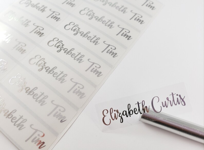 SILVER INK Long Clear Waterproof Name Stickers for Business School & Daycare Labels- School Labels- Long Rectangle Labels Hanprinting elegant sophisticated wedding labels guest list labels lip gloss labels
