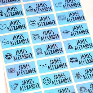 Blauer Hologramm-Namensaufkleber-Junge-Icon-Designs für Schule & Kindergarten mittlere Größe Aufkleber wasserdichte Spülmaschinen-sichere Namensaufkleber hanprinting