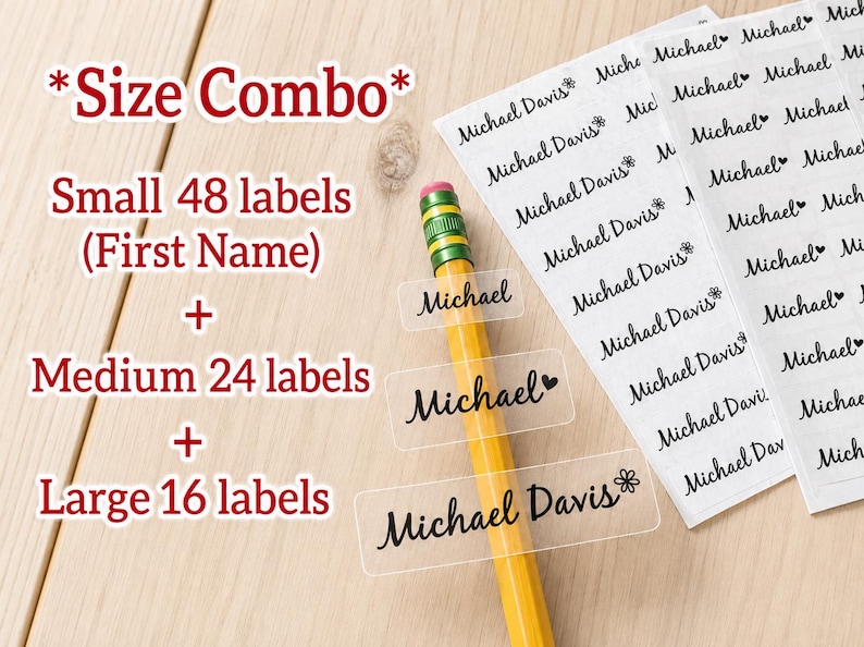 May include: A set of clear adhesive labels with black text reading Michael or Michael Davis, featuring small heart or flower icons. The labels are presented in small, medium, and large sizes alongside a yellow pencil, with text indicating a size combo.