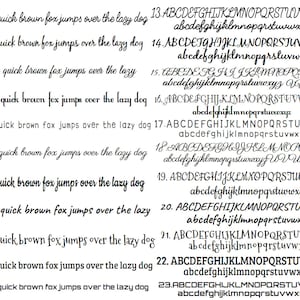 May include: A black text chart displaying font styles numbered 13 through 23. Each entry shows the phrase The quick brown fox jumps over the lazy dog alongside the full uppercase and lowercase alphabet in various distinct typographic styles.