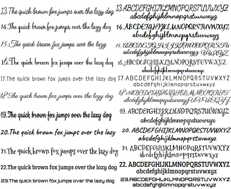 May include: A black text chart displaying font styles numbered 13 through 23. Each entry shows the phrase The quick brown fox jumps over the lazy dog alongside the full uppercase and lowercase alphabet in various distinct typographic styles.