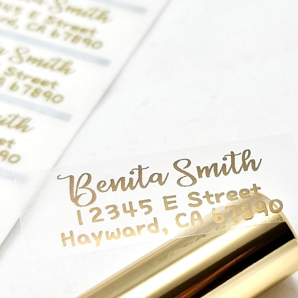 Long Return Address Labels-Long Clear Labels with Gold Ink- Wedding Return Address Labels-Custom Address Labels- Housewarming Gift Labels