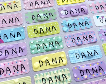 144 Waterproof Name Stickers- Daycare Labels- Pastel Pattern Print Kids labels- Small Size- Customized Labels- Multicolor Stickers