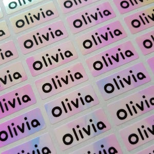 Pink Hologram Small Name Stickers -Daycare Labels- Kids labels- Small Size- Customized Labels - Waterproof LabelsHanprinting