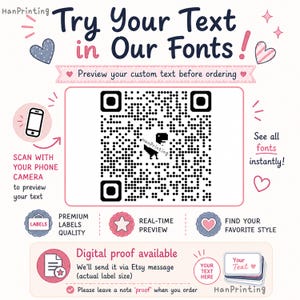 May include: A promotional graphic featuring a central QR code with a small dinosaur icon, surrounded by text including Try Your Text in Our Fonts, Scan with your phone camera to preview your text, and Digital proof available with pink accents.