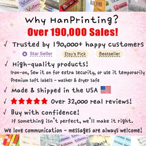 May include: An advertisement for HanPrinting featuring various personalized labels with names. The image highlights the company's sales, customer satisfaction, and product quality. Text includes "Over 190,000 Sales!" and "Made & shipped in the USA."