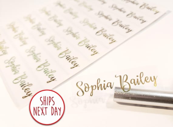 Gold Ink Long Clear Name Stickers: Waterproof Personalized Labels 1.85" x 0.5625"(47mm x 15mm)