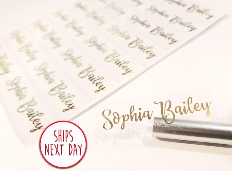 Stylish Gold Ink Clear Waterproof Name Stickers for Business School & Daycare Labels- Long Custom Personalized Label elegant beautiful amazing name stickername label HanPrinting