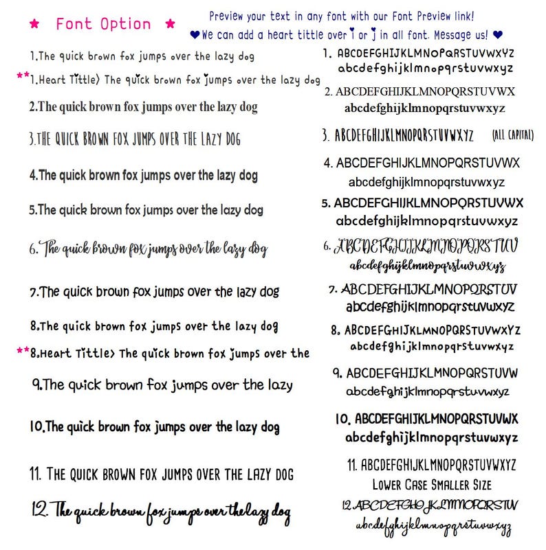 May include: A font selection chart displaying twelve distinct typeface styles, each illustrated with the phrase The quick brown fox jumps over the lazy dog and a full alphabet in both uppercase and lowercase letters, including heart tittle options.