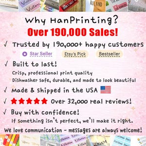May include: A promotional graphic for HanPrinting featuring text stating Over 190,000 Sales, Star Seller, Etsy's Pick, and Bestseller badges. The background is light pink with sparkles, surrounded by various custom name labels and stickers.