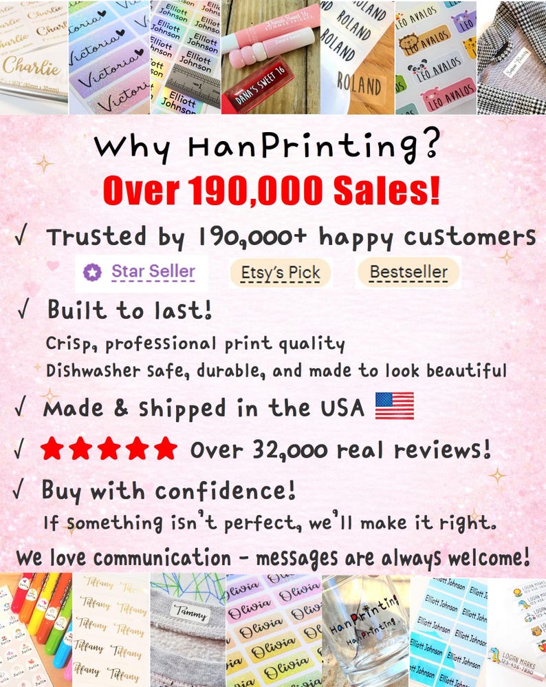 May include: A promotional graphic for HanPrinting featuring text stating Over 190,000 Sales, Star Seller, Etsy's Pick, and Bestseller badges. The background is light pink with sparkles, surrounded by various custom name labels and stickers.