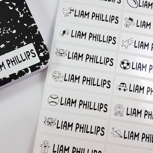 Weiße wasserdichte Namensaufkleber mit Jungen-Icon-Designs für Schul- und Kindergartenetiketten - Individuell personalisierte Namensaufkleber mit Designs Hanprinting