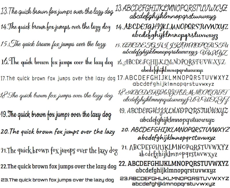 May include: A display of various font styles, showcasing the alphabet and the sentence "The quick brown fox jumps over the lazy dog." Each line presents a different typeface, including both uppercase and lowercase letters, ideal for typography reference.