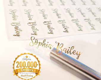 Lange, transparente Namensaufkleber mit Goldtinte: Wasserdichte, personalisierte Etiketten 1,85" x 0,5625" (47 mm x 15 mm)