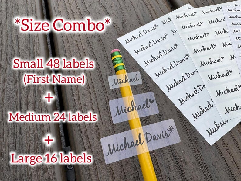 May include: A combo pack of personalized labels with the name "Michael" and "Michael Davis" printed in black script. The pack includes small, medium, and large labels. A yellow pencil is in the image.