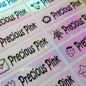 Rosa Hologramm-Wasserdicht-Namensaufkleber mit Mädchen-Icon-Designs für Schul- und Kindergartenetiketten - Benutzerdefinierte personalisierte Etiketten mit Hanprinting