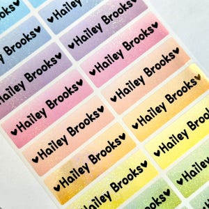 Glitter regenboog waterdichte naamstickers voor kinderen en kinderopvang - lang formaat gepersonaliseerde aangepaste labels - terug naar school Hanprinting