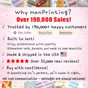 May include: A promotional graphic for HanPrinting featuring text stating Over 190,000 Sales, Star Seller, Etsy's Pick, and Bestseller badges. The background is light pink with sparkles, surrounded by various custom name labels and stickers.