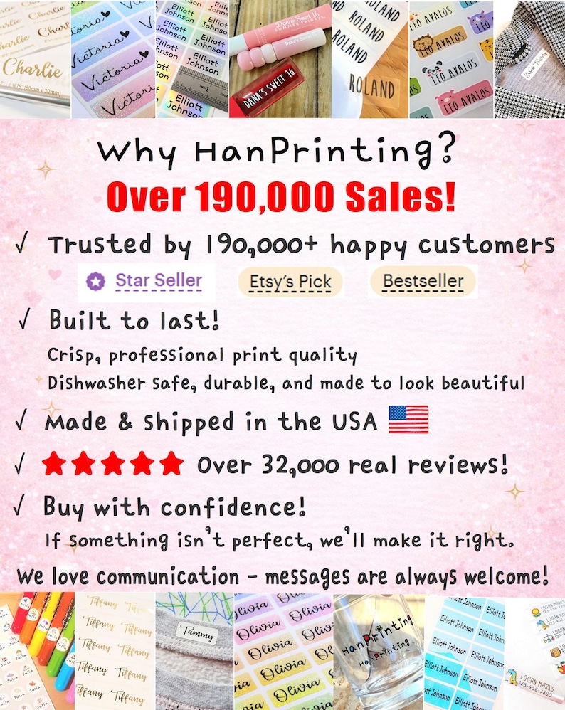 May include: A promotional graphic for HanPrinting featuring text stating Over 190,000 Sales, Star Seller, Etsy's Pick, and Bestseller badges. The background is light pink with sparkles, surrounded by various custom name labels and stickers.