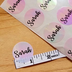36 Circle Pink Hologram Labels - Circular Waterproof Name Stickers- Daycare Labels- School Labels Hanprinting