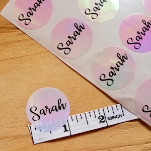 36 Circle Pink Hologram Labels - Circular Waterproof Name Stickers- Daycare Labels- School Labels Hanprinting