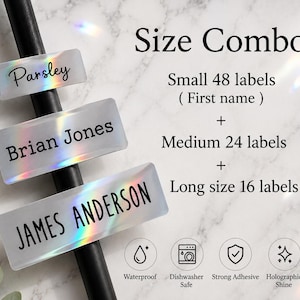 May include: Three rectangular holographic labels with black text reading Parsley, Brian Jones, and JAMES ANDERSON. The text Size Combo indicates 48 small, 24 medium, and 16 long labels. Icons denote features: Waterproof, Dishwasher Safe, Strong Adhesive, Holographic Shine.