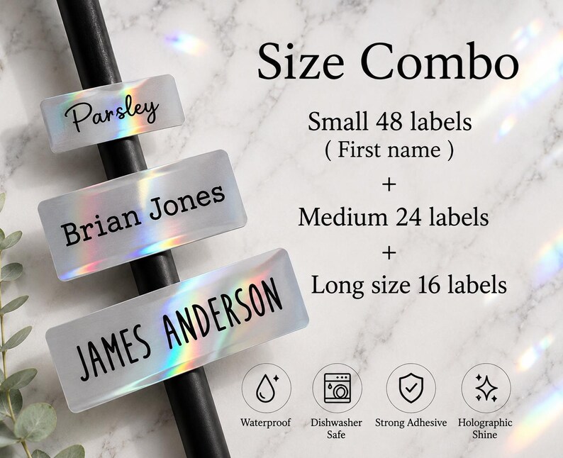 May include: Three rectangular holographic labels with black text reading Parsley, Brian Jones, and JAMES ANDERSON. The text Size Combo indicates 48 small, 24 medium, and 16 long labels. Icons denote features: Waterproof, Dishwasher Safe, Strong Adhesive, Holographic Shine.