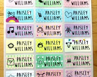 72 Waterproof Name Stickers- Daycare Labels- Pastel Print Kids labels- Girl Icon Designs - Medium Size- Multicolor Stickers