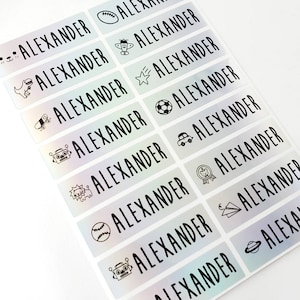 Zilveren waterdichte hologramnaamstickers met jongenspictogramontwerpen voor school en kinderopvang - lange, gepersonaliseerde, aangepaste labels