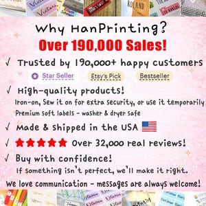 May include: An advertisement for HanPrinting showcasing personalized labels with names. The image highlights the company's sales, customer satisfaction, and product quality. Text includes "Over 190,000 Sales!" and "Made & shipped in the USA."