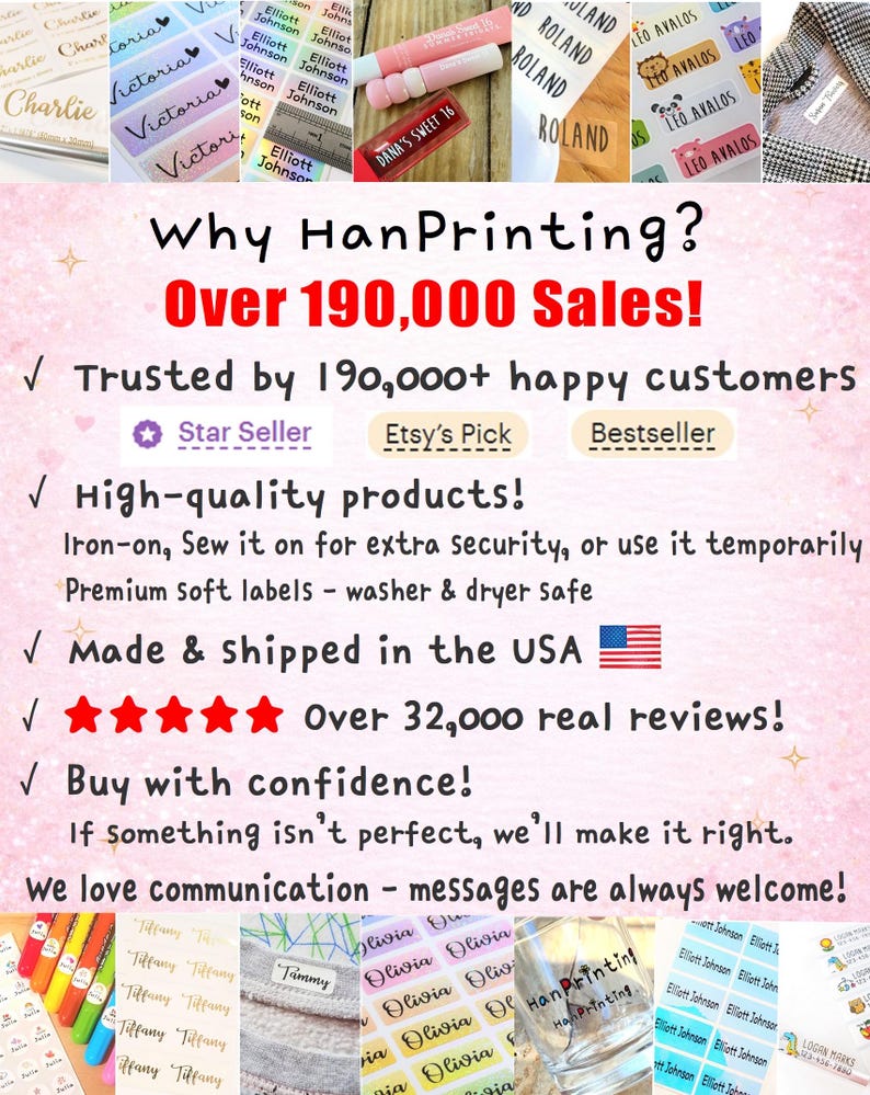 May include: An advertisement for HanPrinting showcasing personalized labels with names. The image highlights the company's sales, customer satisfaction, and product quality. Text includes "Over 190,000 Sales!" and "Made & shipped in the USA."