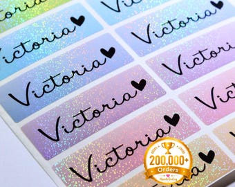 Glitter Rainbow Waterproof Long Name Stickers: Personalized Kids HanPrinting Labels 1.81" x 0.5625"