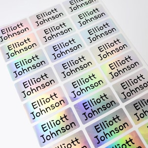 May include: A sheet of rectangular adhesive labels featuring a holographic finish that shifts in color. Each individual sticker is printed with the name Elliott Johnson in a bold, black, sans-serif font, arranged in a grid pattern on the sheet.