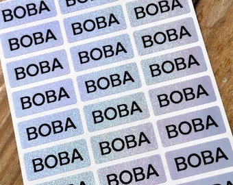 Namensaufkleber mit Boba-Glitzer in Grau-Lila: Wasserfeste Schuletiketten (30 mm x 13 mm)