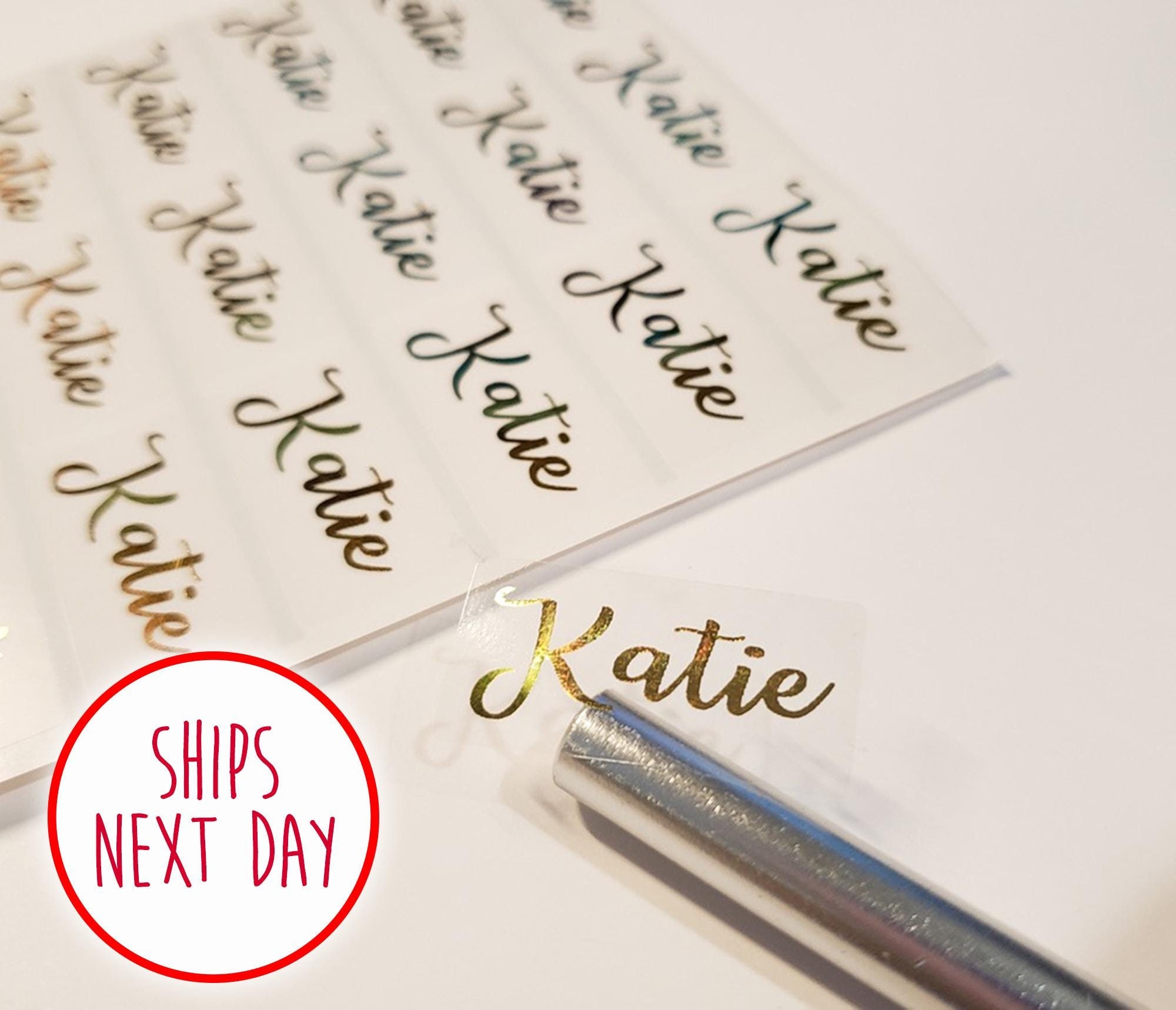 Medium Clear Gold Ink Name Stickers: Waterproof Personalized Labels