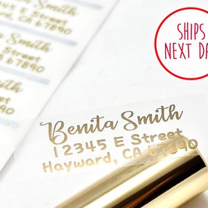 Lange retouradreslabels - lange doorzichtige labels met gouden inkt - retouradreslabels bruiloft - aangepaste adreslabels - cadeaulabels housewarming