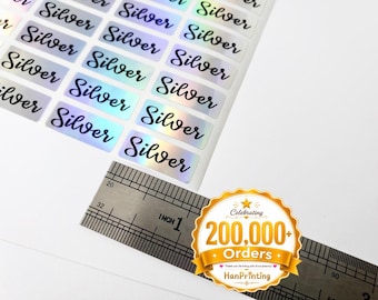 Small Silver Hologram Personalized Name Stickers: Waterproof School Labels. 0.875” x 0.375” (22mm x 9mm)