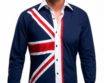 Men's Union Jack Formal Shirt Men Italian Shirt Designer Great Quality Regular Fit Navy 10036