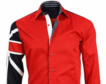 Men's Union Jack Formal Shirt Men Italian Shirt Designer Great Quality Slim Fit Red 10040