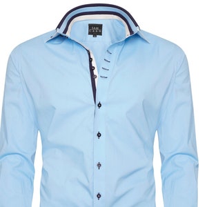 Men's Triple Collar Formal Shirt Men Italian Shirt Designer Great Quality Slim Fit Blue 20010S