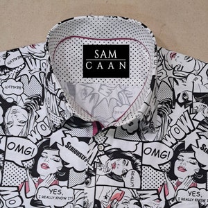 Men's Comics Printed Shirt Designer Great Quality Slim Fit White