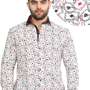 Men&#39;s Playing Cards Printed Shirt Designer Great Quality Slim Fit White