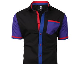 Camisa Social Masculina Italiana de Grife, Ótima Qualidade, Corte Regular, Manga Curta, Preta, 10158