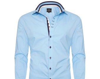 Men's Triple Collar Formal Shirt Men Italian Shirt Designer Great Quality Regular Fit Blue 20010R