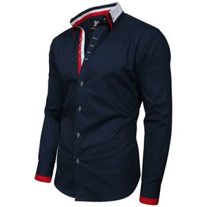 Men&#39;s Triple Collar Formal Shirt Men Italian Shirt Designer Great Quality Regular Fit Navy 10160