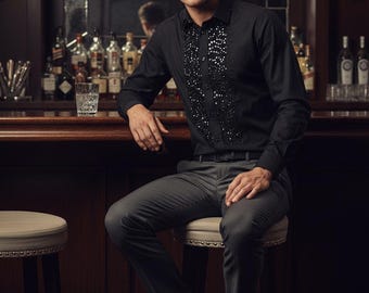 Men's Formal Shirt Men Designer Great Quality Slim Fit Sequin Party Wedding Night Ceremony Black