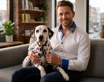 メンズ ホワイト スリムフィット ドレスシャツ 犬のプリント入り襟と袖口、ユニークなフォーマル ボタンダウンシャツ デザイナー ビジネス カジュアル シャツ
