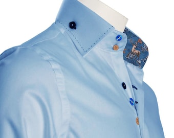 Men's Formal Shirt Men Italian Shirt Designer Great Quality Regular Fit Blue with Deer Print