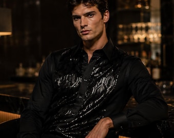 Camisa social preta masculina de grife, ótima qualidade, corte regular, com lantejoulas, ideal para festas, casamentos e cerimônias.