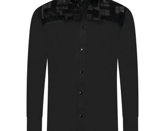 Camisa formal negra para hombre, de diseñador, de gran calidad, corte regular, de malla transparente, ideal para fiestas, bodas y ceremonias nocturnas.